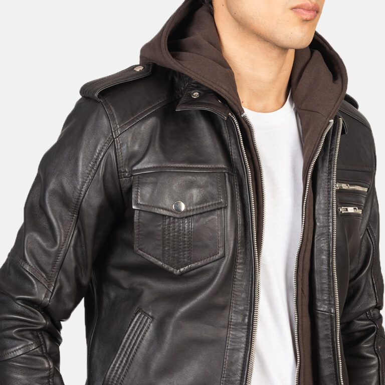 Mens Bravado Brown Hooded Leather Bomber Jacket Close-Up-9-1634137885528